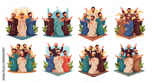 Muslim men praying together in various poses