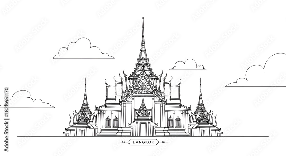 Obraz premium Bangkok Temple Line Art: Minimalist Architectural Landmark
