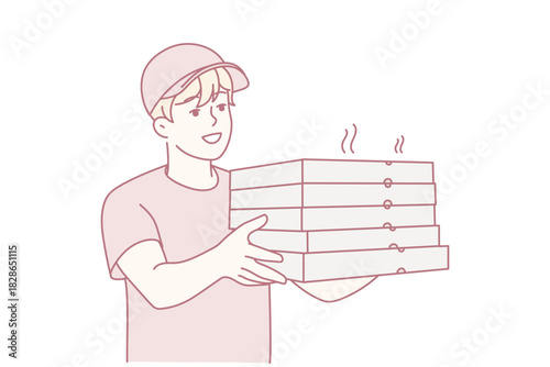 Smiling male courier in uniform deliver hot pizza to client. Happy deliveryman with pizza boxes in hands. Food delivery service. Vector illustration.