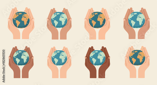 Hands holding Earth globe showing diverse skin tones