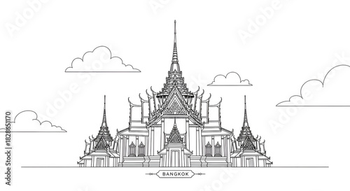Wallpaper Mural Bangkok Temple Line Art: Minimalist Architectural Landmark Torontodigital.ca