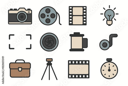 Icons icon lever lens case camera winding strip film bulb vector frame