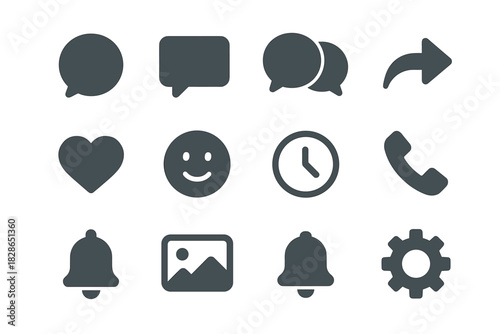 Bell attachment icon gear round bubbles vector rectangular heart chat minimalist phone