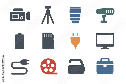 Card handle minimalist battery tripod sd monitor vector camcorder camera icon film