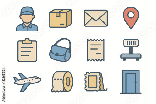 Plane envelope box air receipt scale delivery door set icon vector gps