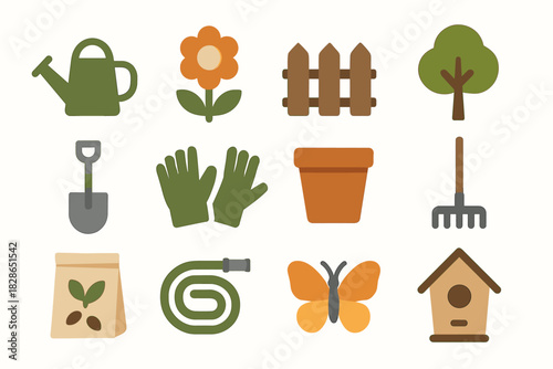 Icons seeds shovel icon tool tree vector butterfly birdhouse gloves fence watering