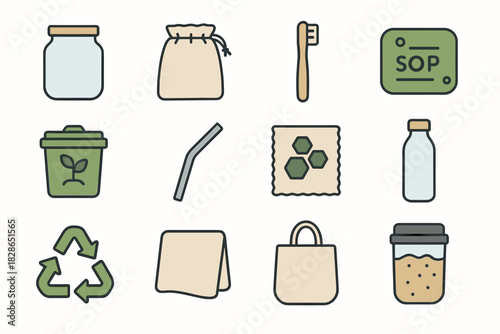 Bin toothbrush waste vector beeswax napkin zero recycling bag icon jar icons