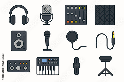 Vector icons soundproof pop headphones mixing synth studio icon music fader equipment