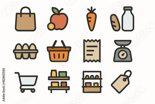 Grocery trolley shopping milk store tag basket bottle vegetable icons icon vector