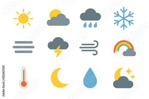 Droplet sun weather rain snowflake night starry vector icon set wind partly