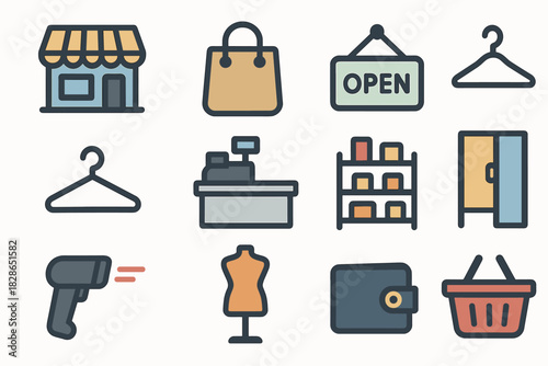 Open clothes vector icons mannequin room product scanner retail storefront bag icon