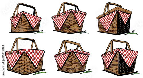 Picnic basket collection with ants on grass