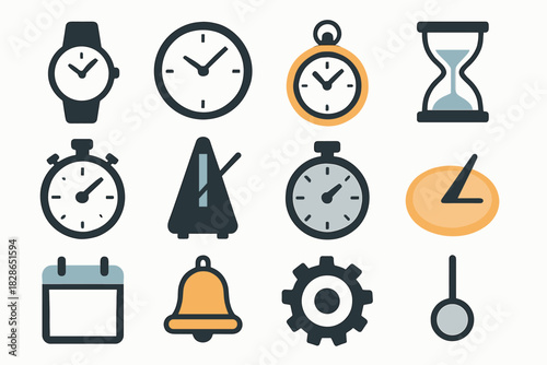 Wristwatch block timekeeping vector clock weight set calendar icon watch dial pocket