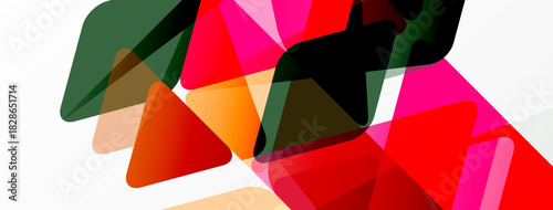 Abstract geometric shapes overlap, creating vibrant color composition. Red, pink, orange, green dominate white background. Modern design.