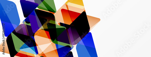 Abstract shapes overlap, creating vibrant color blends. Composition features blues, oranges, greens, reds against white space. Modern design.