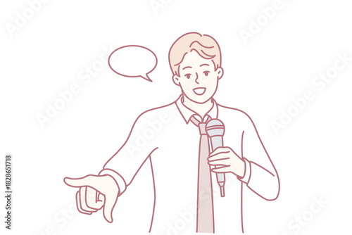 confident presenter pointing while holding microphone on stage public speaking scene with expressive gesture, suit and tie, broadcast vibe, audience engagement in crisp line art