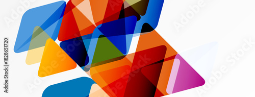 Abstract geometric shapes overlap. Vibrant colors create dynamic composition. White background emphasizes colorful triangles, squares.