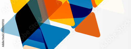 Abstract geometric shapes overlap, creating vibrant color blocks. Composition features orange, blue, yellow, black hues. Minimalist design.