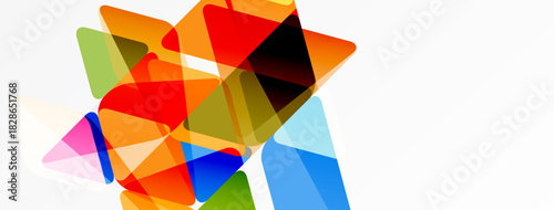 Abstract geometric shapes overlap, creating vibrant color blends. Bright hues dominate white space, suggesting energy, dynamism.