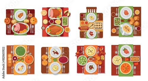 Thanksgiving dinner table setting with festive food