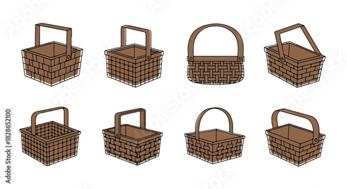Woven baskets with handles in various views