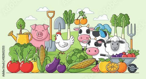 Cartoon illustration showcases a farm with animals, vegetables, and farm equipment