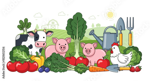 Cartoon illustration depicting farm animals and harvest, promoting agriculture