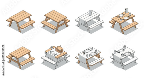 Picnic tables with food and drinks arrangement