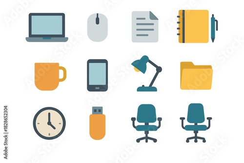 Lamp essentials icon office vector chair drive folder document usb mouse notebook