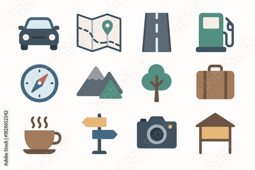 Road line vector trip cup suitcase icon motel compass car mountain