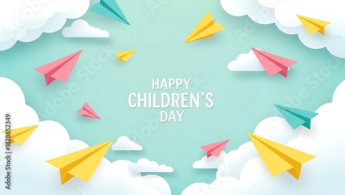 Colorful paper airplanes flying over soft clouds children celebration background.