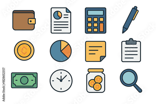 Magnifier icon chart vector document savings planning icons pen budget calculator clock