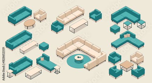Modern furniture arrangement in isometric view