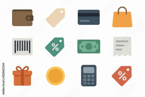 Tag set cash credit icons bag shopping vector discount icon coin machine