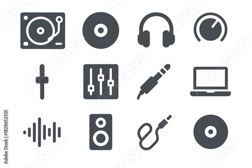 Speaker headphone waveform disc knob cable mixer fader vector dj equipment icons