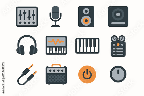 Piano mixing knob set studio board icon computer cable vector button headphones