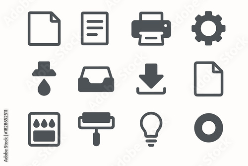 Vector arrow gear printing file roller tray icon nozzle ink button paper