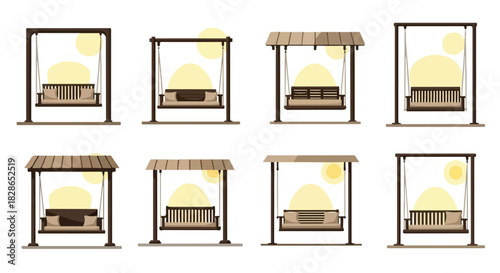 Outdoor porch swings set with sunlight