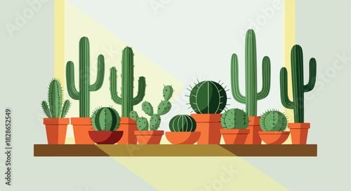 Cactus collection on shelf with sunlight