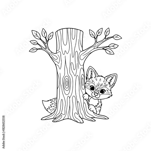 Cute fox peeking from behind a tree silhouette isolated on white background