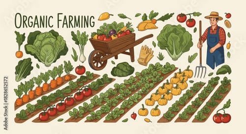 Vibrant Illustration of Organic Farming with Diverse Crops and a Farmer at Work