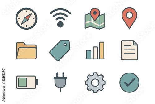 Pin vector set battery geolocation location signal icon map plug gear icons