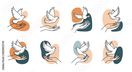 Dove in hands outline style peace symbol