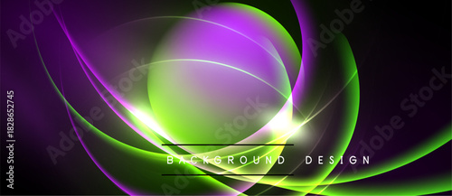 Abstract vibrant design features flowing purple, green light streaks. Dark background emphasizes luminous curves, creating dynamic visual effect.