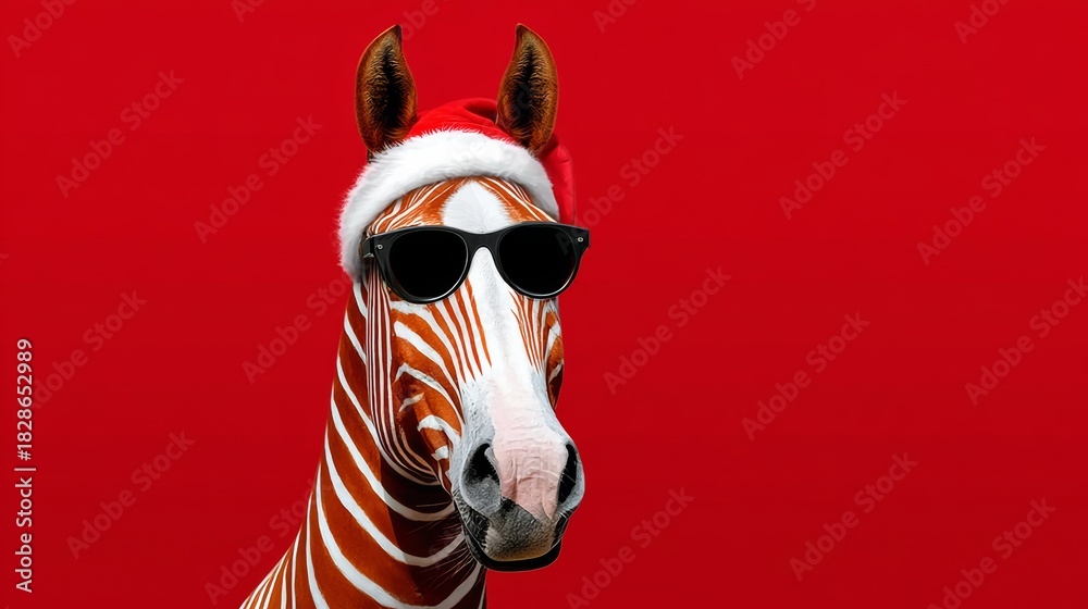 Obraz premium Zebra wearing festive Santa hat and stylish sunglasses, posing against vibrant red background, creating a playful and whimsical holiday atmosphere for seasonal celebrations