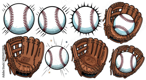 Baseball glove and ball collection with transparent background