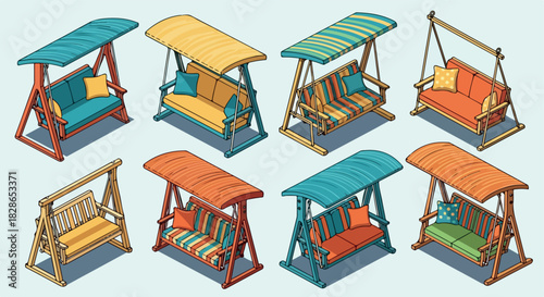Outdoor porch swings with colorful cushions and canopies