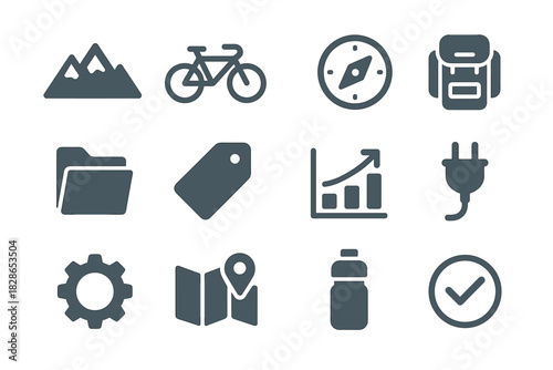 Bike checkmark cycling mountain adventure folder icons map bottle vector icon gear