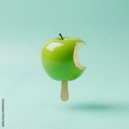 Floating bitten green apple on wooden stick minimalist food concept image.
