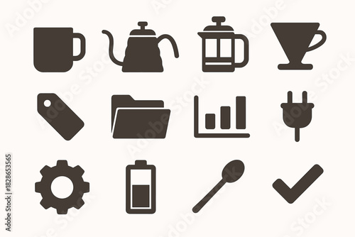Chart maker vector kettle checkmark folder mug spoon coffee icon battery gear
